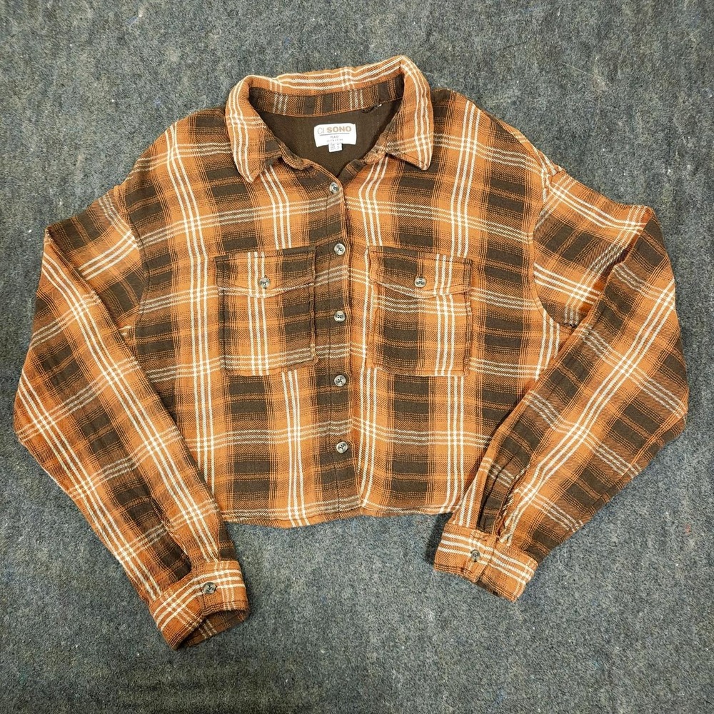 Ci Sono Womens Brown Orange Plaid Cropped Flannel Shirt PTP109 Size M